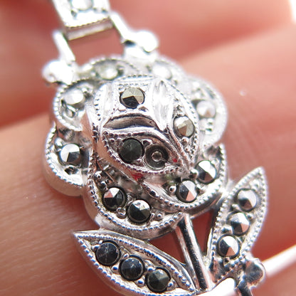 925 Sterling Silver Antique Real Marcasite Rose Bracelet 7" (missing 1 stone)