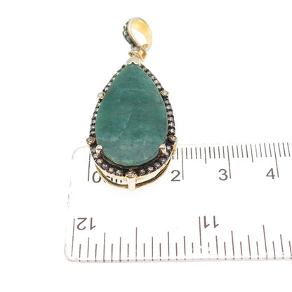 925 Sterling Silver Gold Plated Real Diamond & Emerald Teardrop Pendant