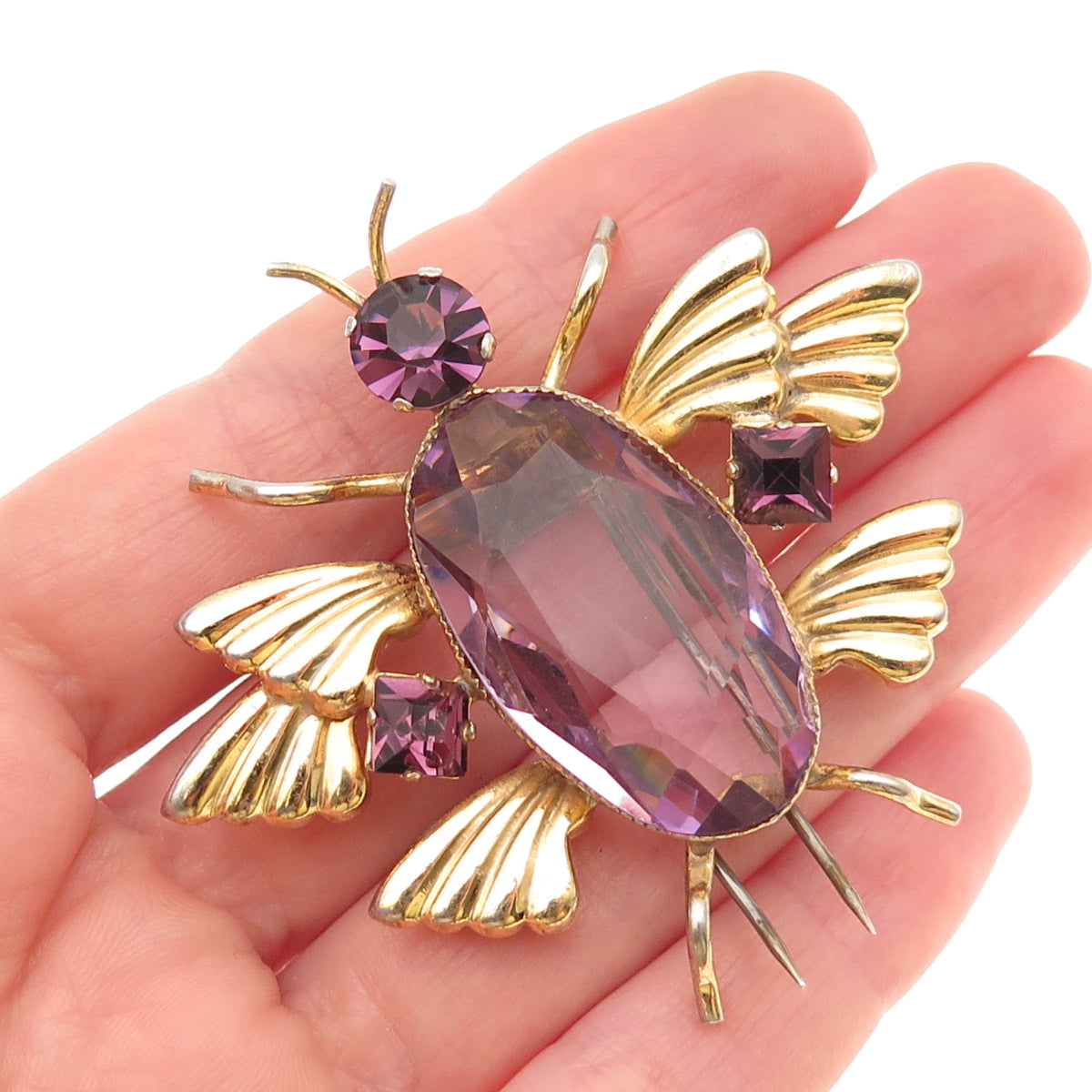 925 Sterling Silver Gold Plated Antique Art Deco Real Amethyst Scarab Fur Clip
