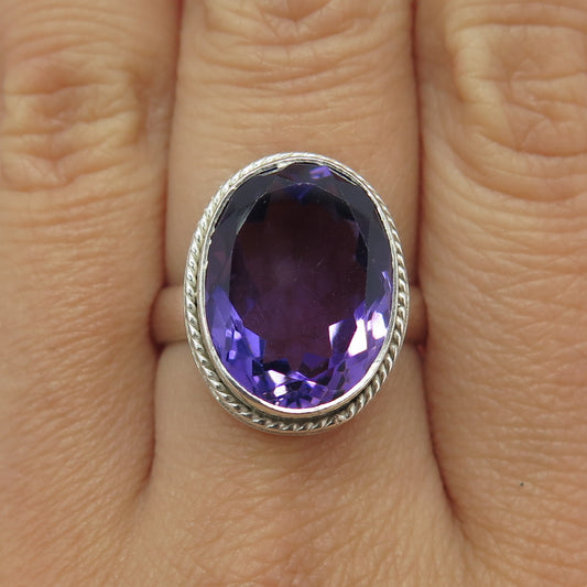 925 Sterling Silver Vintage Real Oval-Cut Amethyst Roped Ring Size 8