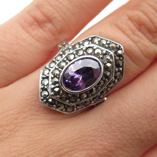 CHAPAL ZENRAY 925 Sterling Vintage Real Amethyst Marcasite Oxidized Ring Size 6