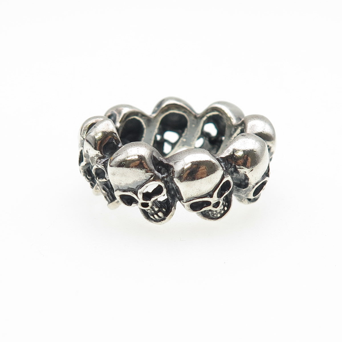 925 Sterling Silver Vintage Skull All Around Oxidized Biker Ring Size 10.25