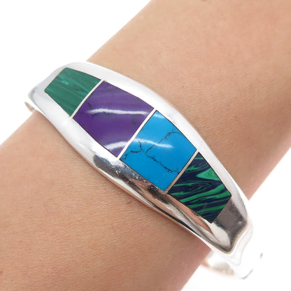 925 Sterling Vintage Mexico Turquoise Azurite Malachite & Sugilite Bracelet 7"
