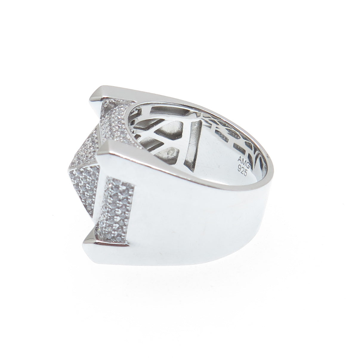 925 Sterling Silver Round-Cut Shaped C Z Square Domed Wide Ring Size 10.5