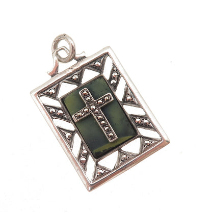 925 Sterling Silver Antique Art Deco Real Jade & Marcasite Cross Charm Pendant