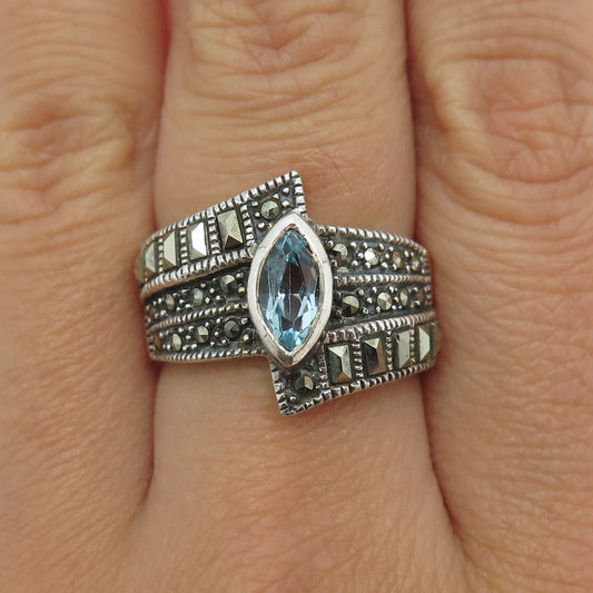 925 Sterling Silver Vintage Real Blue Topaz & Marcasite Gemstone Ring Size 8.25