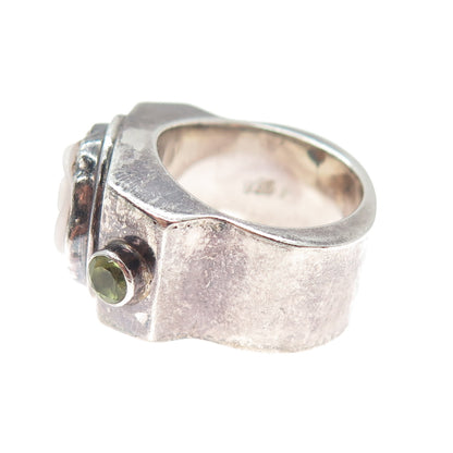 925 Sterling Silver Vintage Real MOP & Peridot Carved Rose Flower Ring Size 7.75