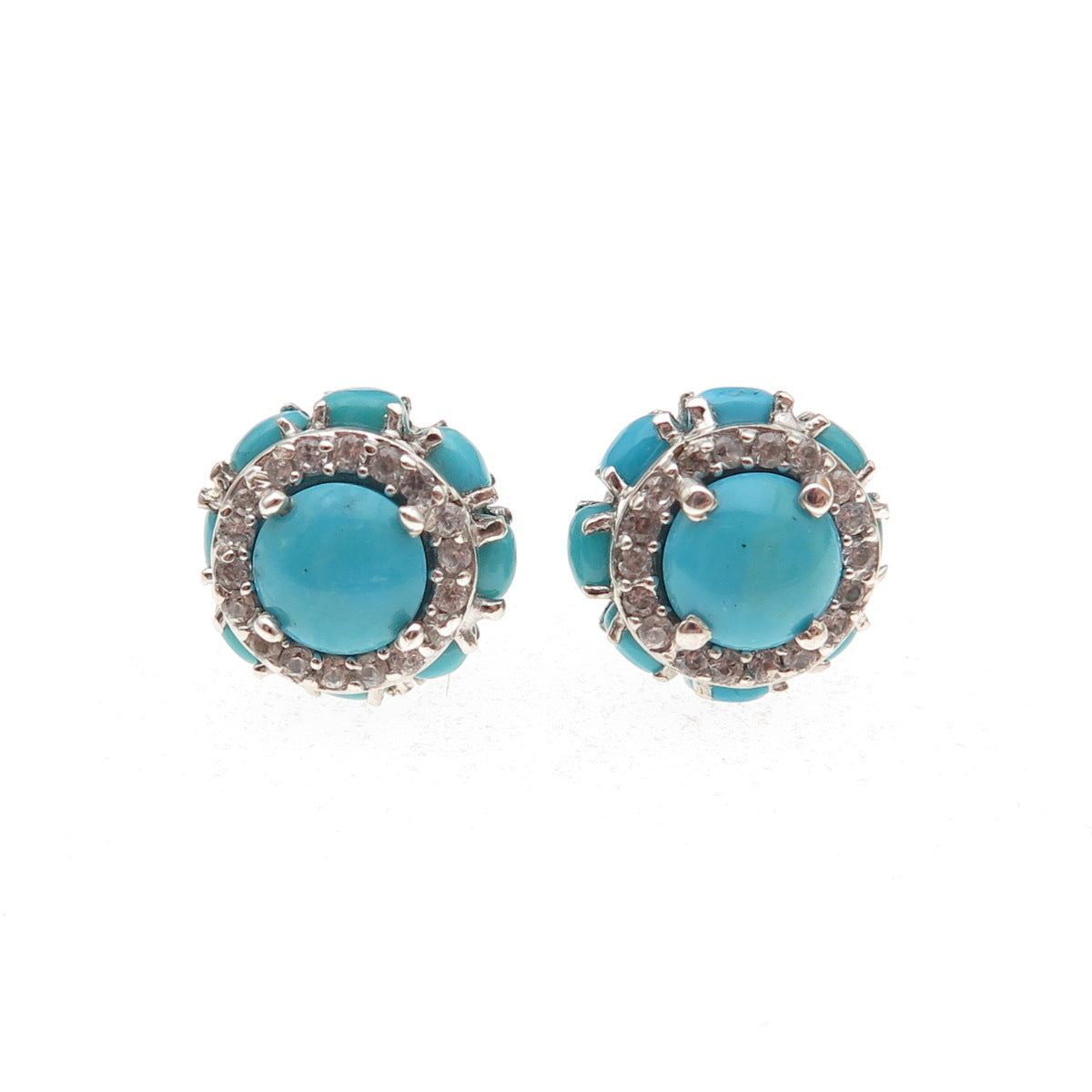 Chuck Clemency 925 Sterling Silver Real Turquoise & White Topaz Stud Earrings