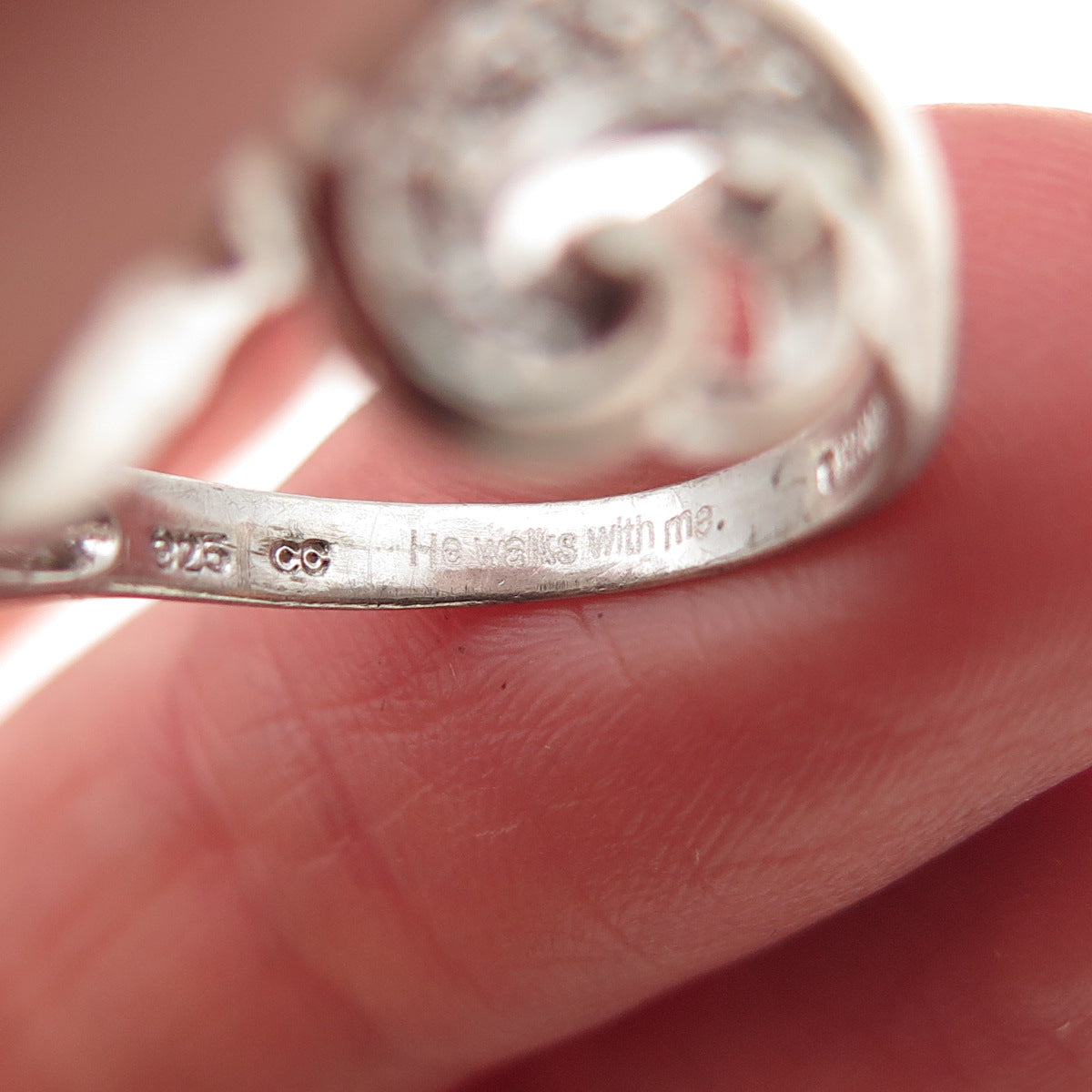 925 Sterling Silver 2-Tone Real Diamond Accent He Walks w/ Me Cross Ring Size 6