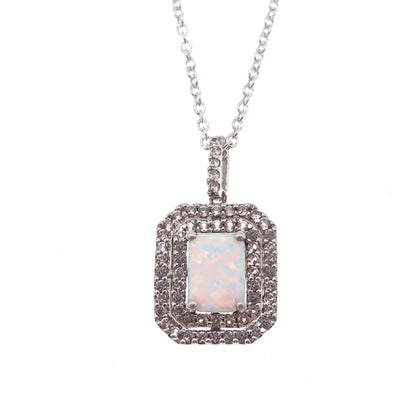 925 Sterling Silver Real Opal & C Z Cable Chain Necklace 18"