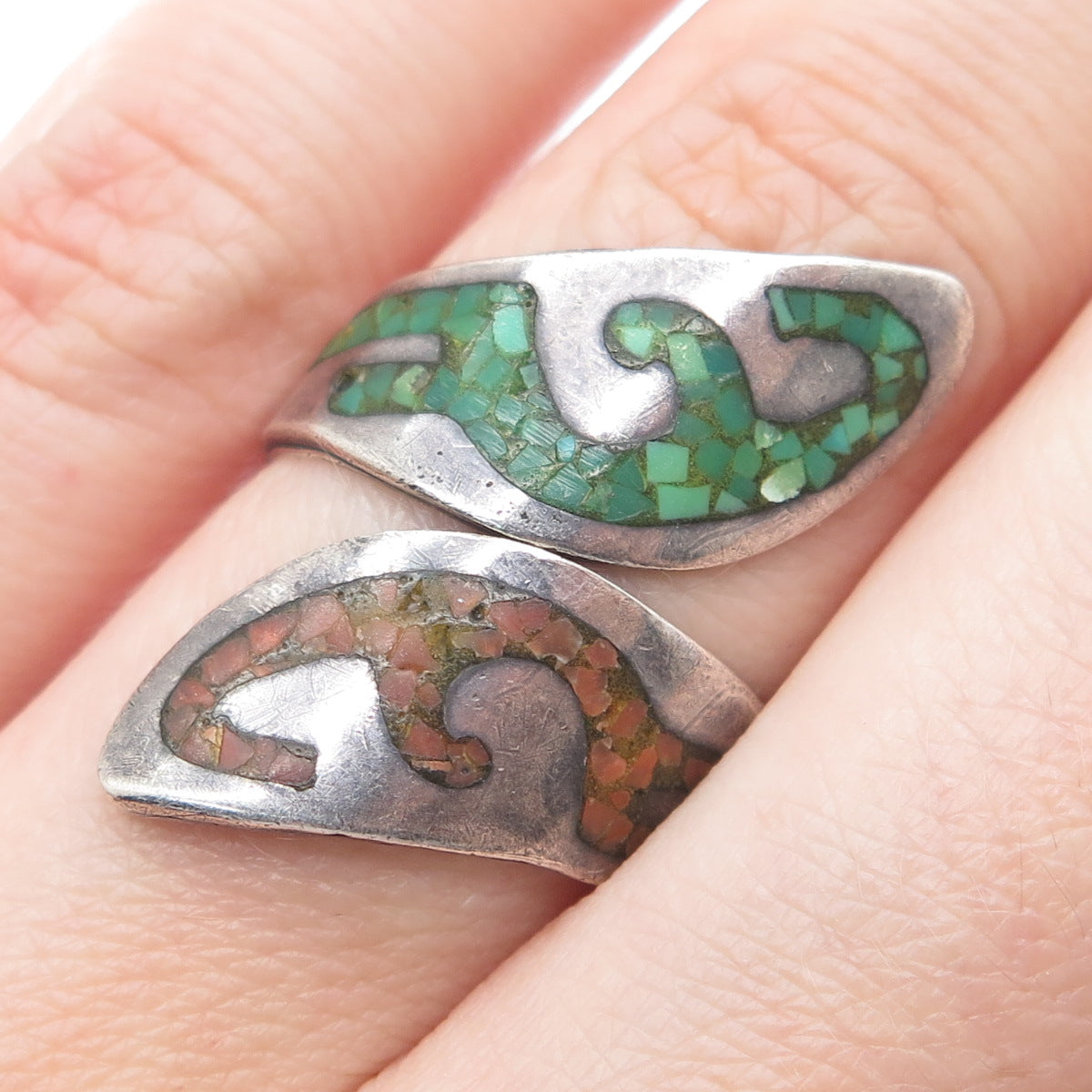 NELSON PIASO Old Pawn Sterling Turquoise & Coral Inlay Adjustable Ring Size 7