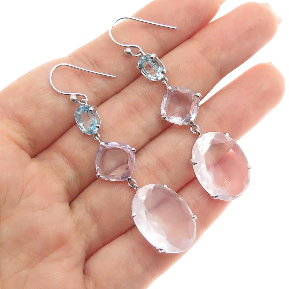 DSMK 925 Sterling Silver Real Rose Quartz Amethyst & Blue Topaz Dangle Earrings