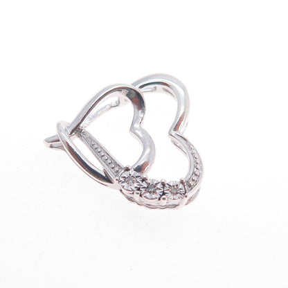 925 Sterling Silver Real Round-Cut Diamond Double Heart Mini Slide Charm Pendant