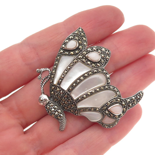 925 Sterling Silver Vintage Real MOP & Marcasite Butterfly Oxidized Pin Brooch