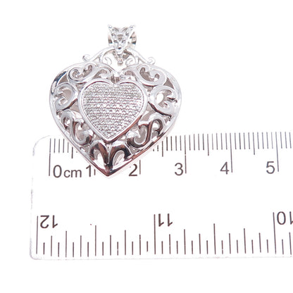 925 Sterling Silver Real Round-Cut Diamond Ornate Heart Charm Pendant