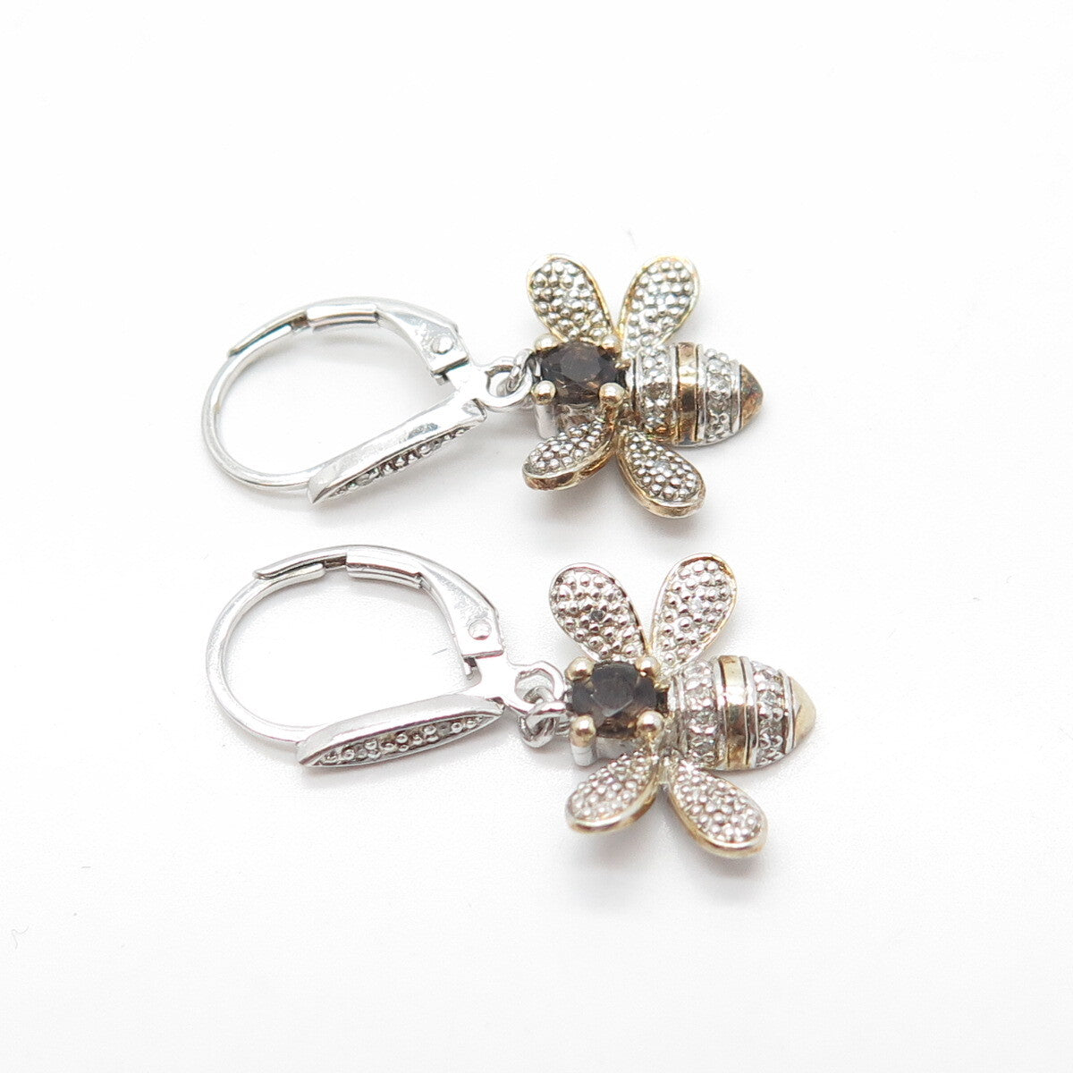 925 Sterling Silver Gold Plated White Diamond & Smoky Quartz Bee Drop Earrings