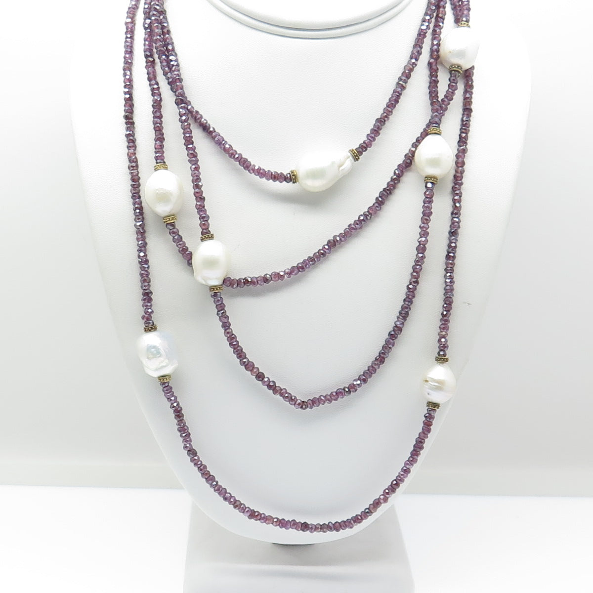 925 Sterling Silver Real Baroque Pearl & Amethyst Long Bead Chain Necklace 72"