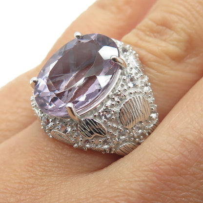 DSMK 925 Sterling Silver Oval-Cut Amethyst & White Topaz Gem Dome Ring Size 7