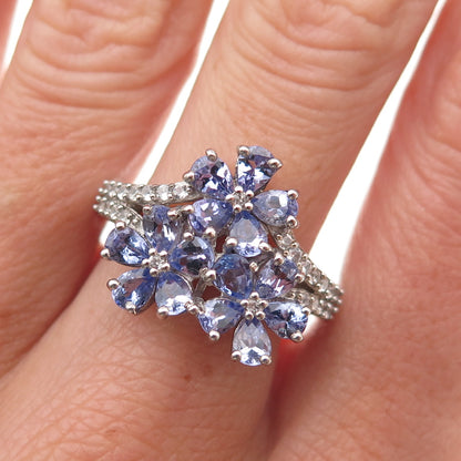 Chuck Clemency 925 Sterling Silver Real Tanzanite & White Topaz Ring Size 8.25