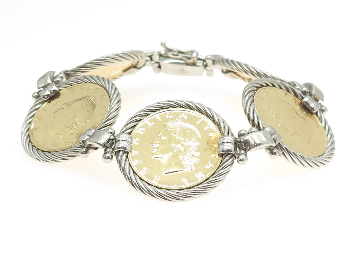 925 Sterling Silver 2-Tone Vintage 1981 Italy 20 Lire Bronzital Coin Bracelet 7"