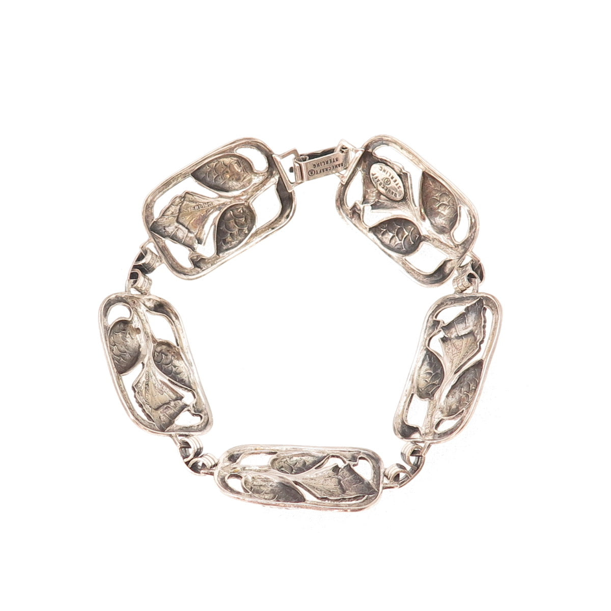 Danecraft Sterling Silver Antique Art Deco Pinecone Panel Link Bracelet 7.25"