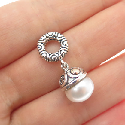 925 Sterling Silver 10K Gold Real Pearl Slide Dangle Bead Charm