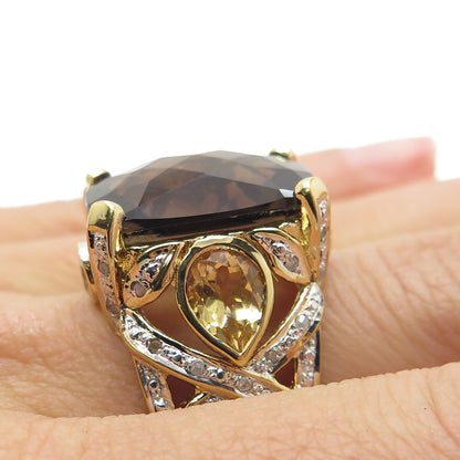 925 Sterling Silver Gold Plated Real Diamond Smoky Quartz & Citrine Ring Size 7
