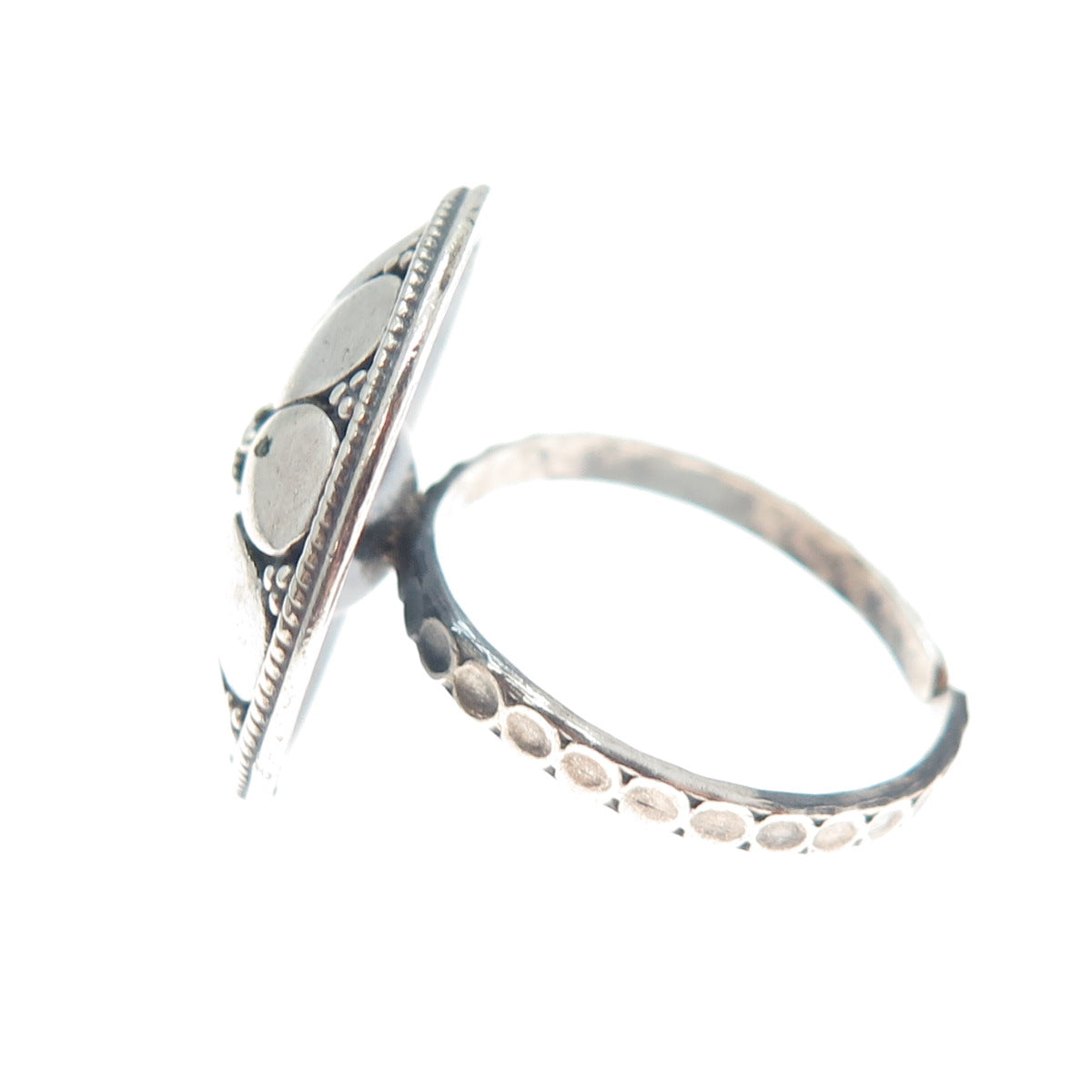 925 Sterling Silver Vintage Modernist Flower Oxidized Adjustable Ring Size 8.75