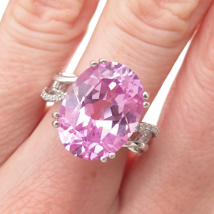 925 Sterling Silver Real Round-Cut Diamond & Oval-Cut Pink Topaz Ring Size 7
