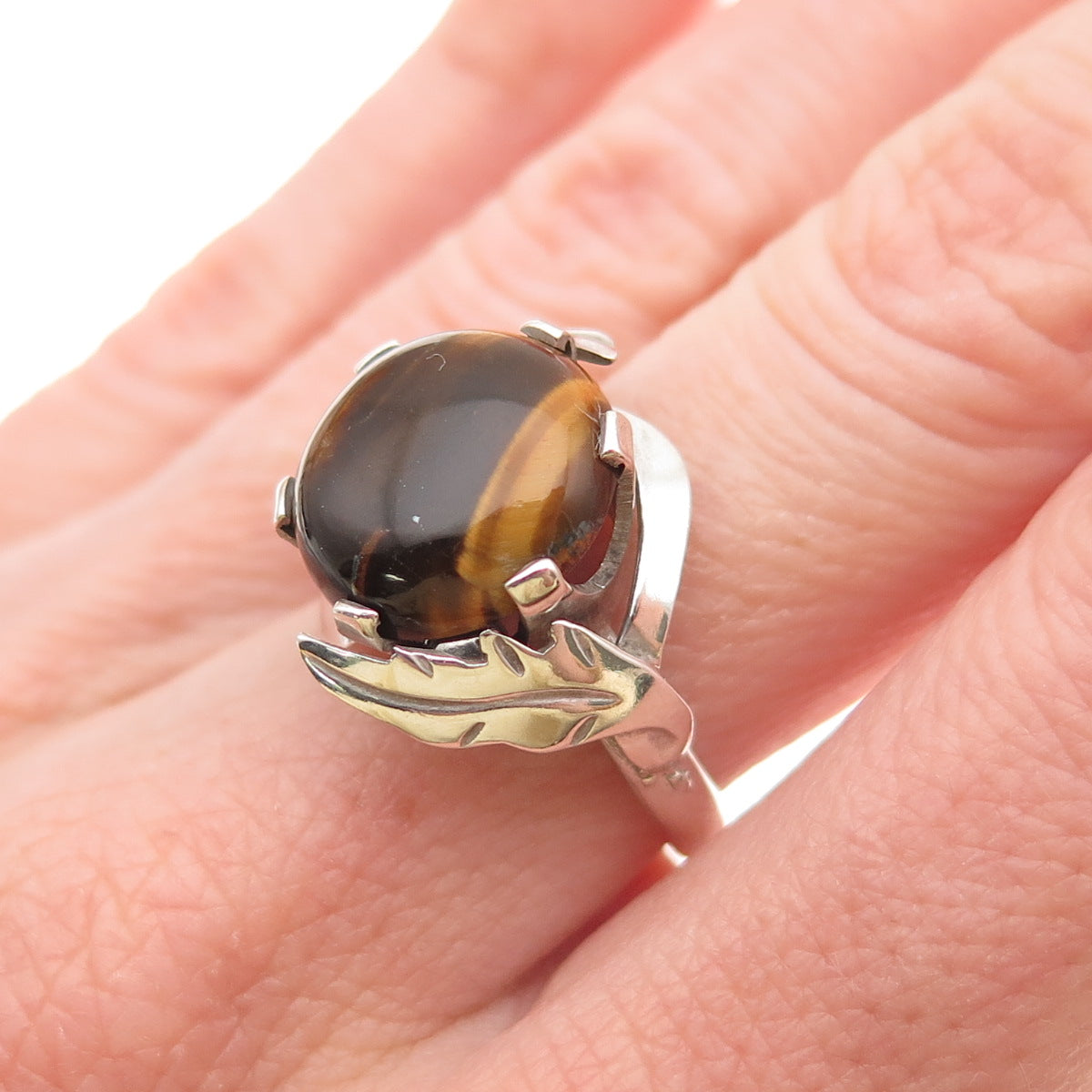 925 Sterling Silver Vintage Real Tiger Eye Feather Ring Size 6