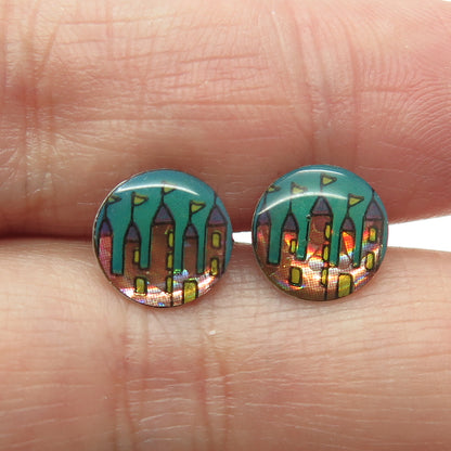 925 Sterling Silver Vintage Enamel Castle Stud Earrings