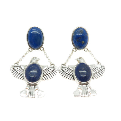 925 Sterling Silver Real Lapis Lazuli Gemstone Thunderbird Trible Drop Earrings