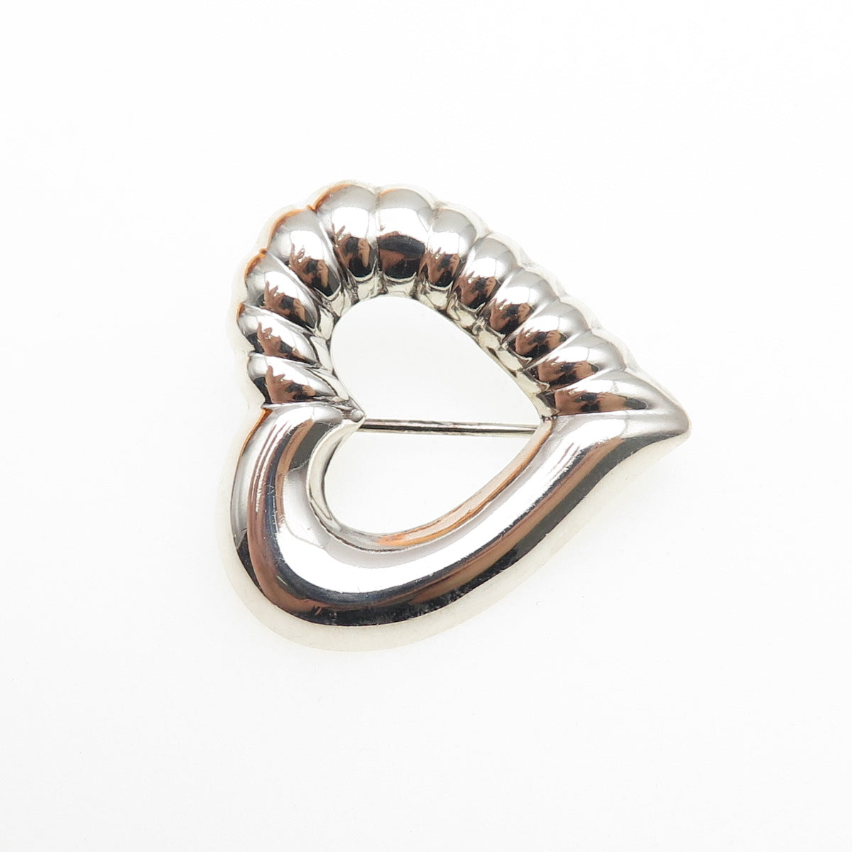 925 Sterling Silver Vintage Ribbed Heart Oxidized Pin Brooch