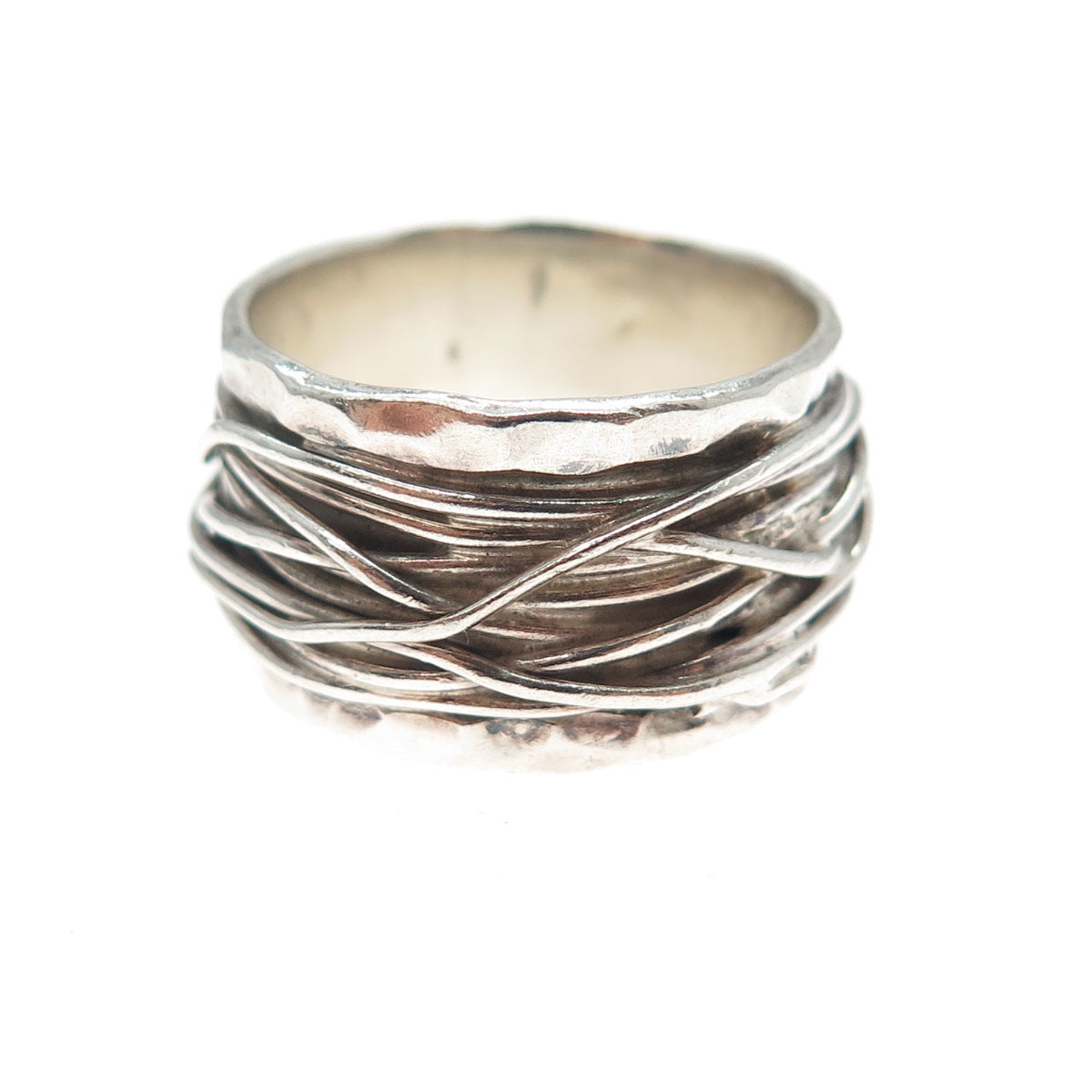 925 Sterling Silver Vintage Modernist Hammered Roped Oxidized Ring Size 8.5