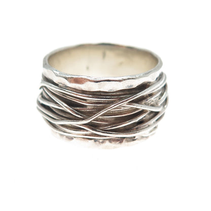 925 Sterling Silver Vintage Modernist Hammered Roped Oxidized Ring Size 8.5
