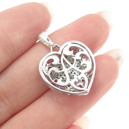 925 Sterling Silver Real Round-Cut Diamond Ornate Heart Pendant