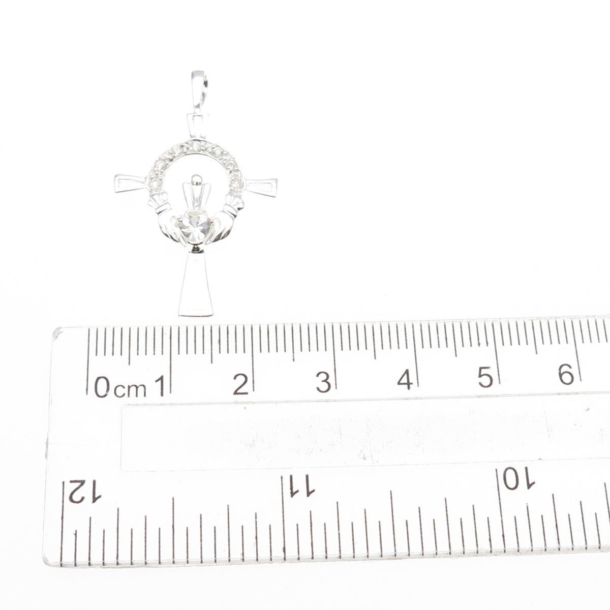 925 Sterling Silver Heart & Round-Cut C Z Irish Claddagh Cross Charm Pendant