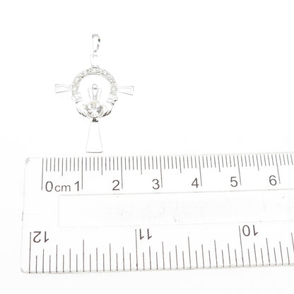 925 Sterling Silver Heart & Round-Cut C Z Irish Claddagh Cross Charm Pendant