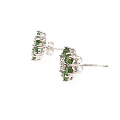 925 Sterling Silver Real Round-Cut Diamond & Peridot Floral Stud Earrings