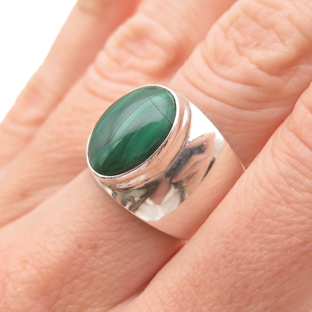 925 Sterling Silver Vintage CII Mexico Real Malachite Modernist Ring Size 6.25