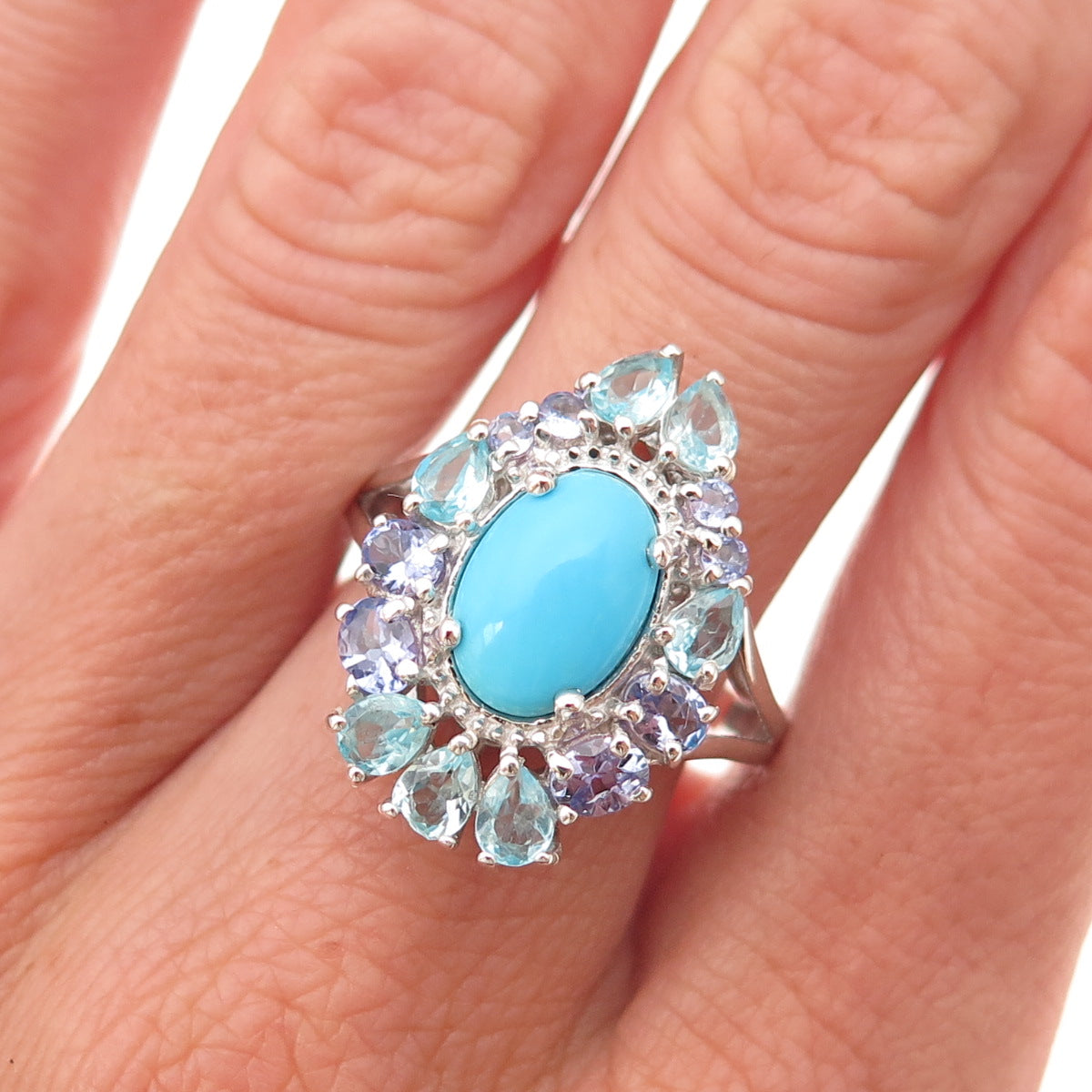 Chuck Clemency 925 Sterling Real Turquoise Apatite & Tanzanite Ring Size 8.25