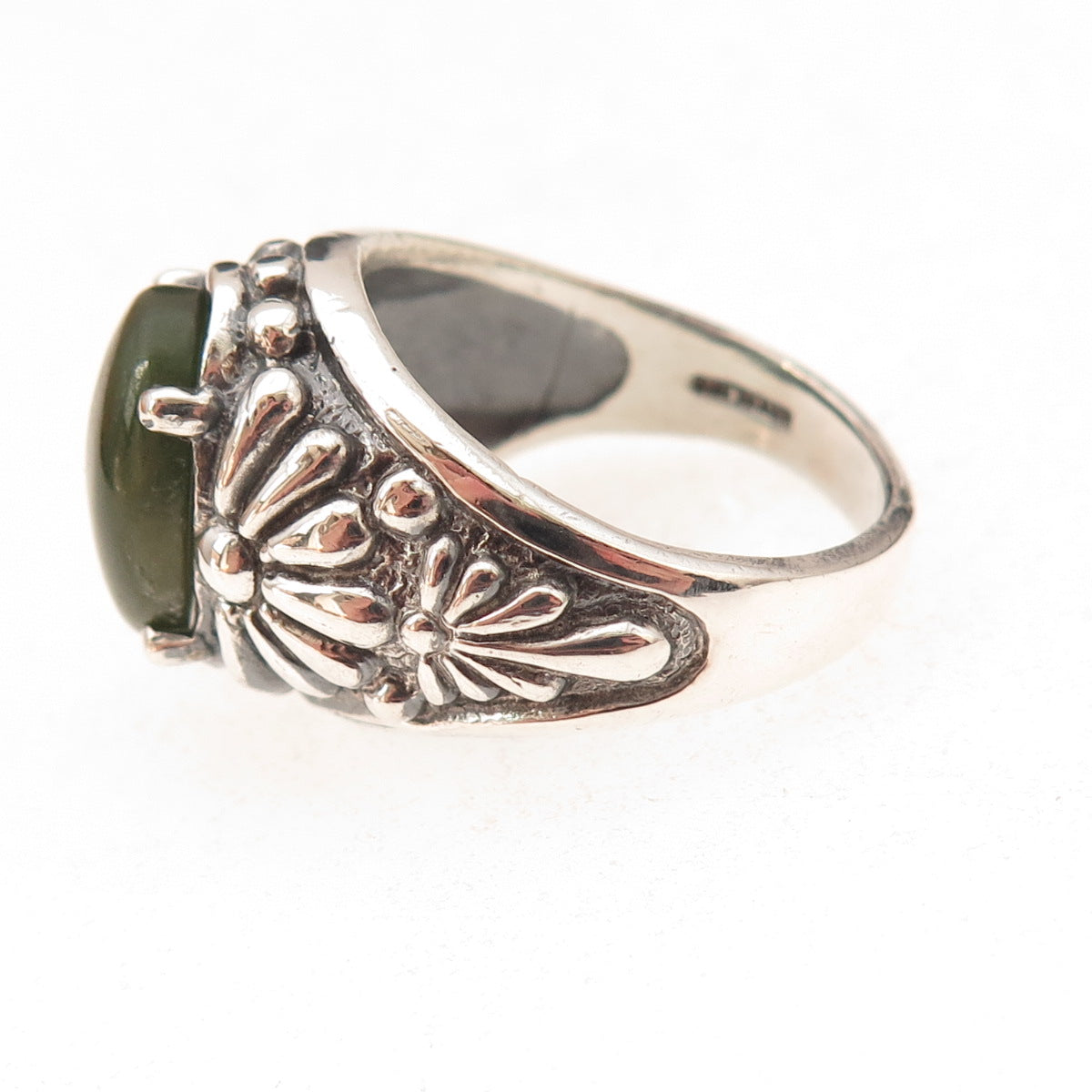 Kabana 925 Sterling Silver Vintage Real Jade Daisy Flower Oxidized Ring Size 10