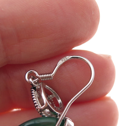 925 Sterling Silver Vintage Real Black & Green Onyx Oxidized Dangle Earrings