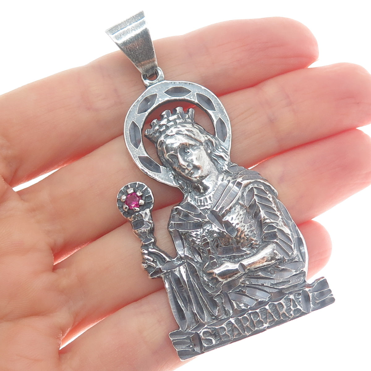 925 Sterling Silver Vintage Real Ruby St. Barbara Diamond-Cut Oxidized Pendant