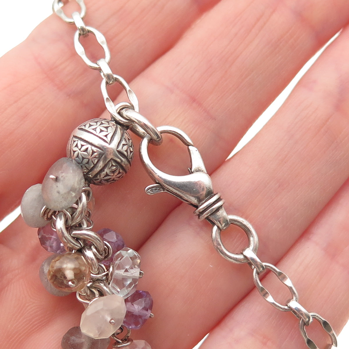 925 Sterling Vintage Real Labradorite Citrine Quartz Amethyst Chain Necklace 16"