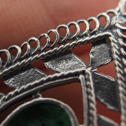 925 Sterling Silver Vintage Green Art Glass Floral Teardrop Charm Pendant