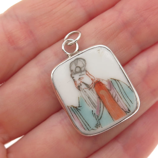 925 Sterling Silver Antique Ceramic Chinese Daoist Immortal Charm Pendant