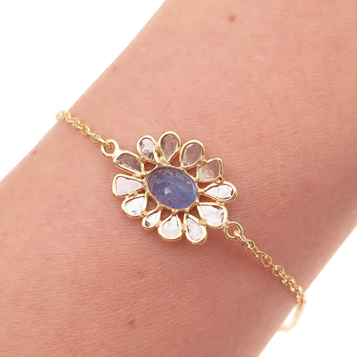 925 Sterling Silver Gold Plated Real Rose-Cut Diamond & Tanzanite Bracelet 7-8"