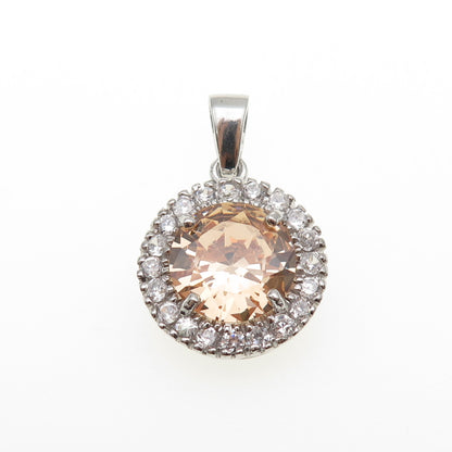 925 Sterling Silver Round-Cut Champagne & White C Z Mini Charm Pendant