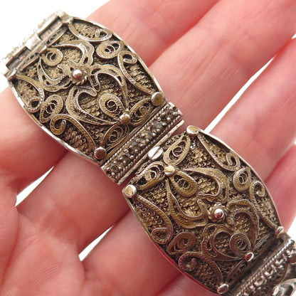 925 Sterling Silver Gold Plated Vintage Floral Filigree Panel Link Bracelet 7.5"